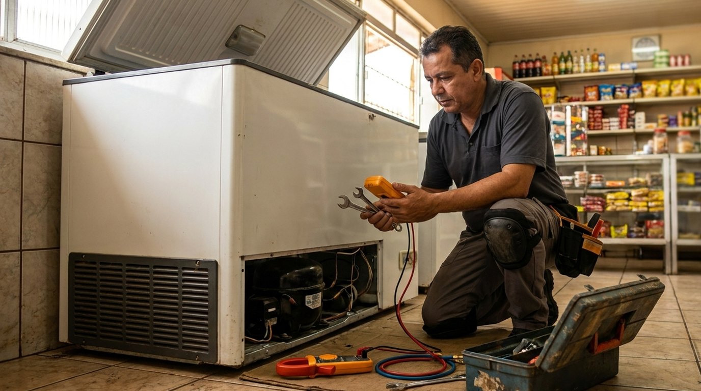 Técnico testando o compressor do freezer em Maringá‑PR